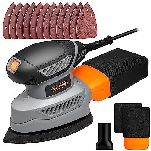 VonHaus Detail Sander - 130W Electric Sander for Wood with Dust Collector, 12PCS Sandpaper - 13000RPM, Compact & Ideal for Tight Space Sanding, Home Improvement - Ergonomic Design Handle