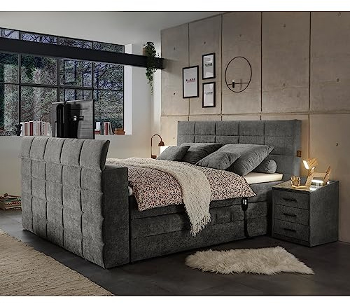 Lomadox Boxspringbett 180x200 cm elektrisch verstellbar mit 2 Nachttischen | Doppelbett mit Nachtschränken in grau mit Härtegrad H2