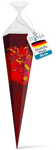 itenga Motiv Schultüte 85cm für Jungen – eckig mit Tüllverschluss – stabile Zuckertüte - Motiv, z. B. Dinosaurier, Traktor, Rennauto, Feuerwehr, Polizei, Fußball (Drache)
