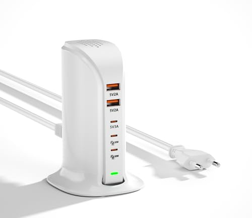 POANES 55W USB Ladegerät Mehrfach - 6-Port USB C Ladestation Mehrfachstecker Tower, Schnellladegerät mit Smart IC, für iPhone 17 16 15 14 13 12 Pro Max, iPad, Samsung S23 S22(35W White)