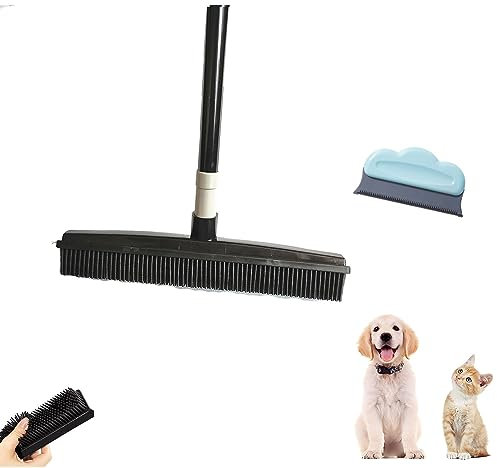 Carpet Broom for Pet Hair,with Hair Remover, Rubber Broom Pet Hair Remover, Heavy Duty Pet Hair Remover Broom, Carpet Rake For Pet Hair Removal (Color : Black)