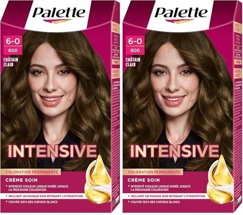 Schwarzkopf - Palette - Coloration Permanente Cheveux - Crème Soin - Couvre 100% des Cheveux Blancs - Tenue 8 semaines - Chatain Clair 600 (Lot de 2)