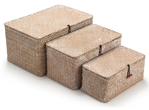 Rattankorb Aufbewahrungskorb aus Seegras mit Deckel Natürliches Material 3 Stück (Weißwäsche Groß + Mittel + Klein)