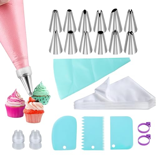 ZoneYan Poche à Douille Jetable, 100 Poches à Pâtisserie avec 12 Douilles en INOX, Sac à Douilles pour Décorer des Gâteaux Biscuits