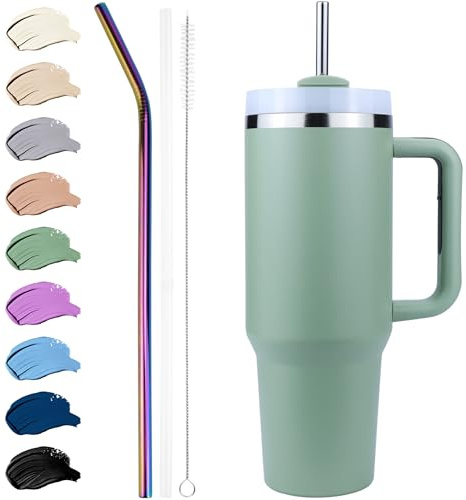 Disoza Thermo Mug Med Sugrör 40 Oz Grön Dricksmugg Med Lock Och Sugrör 1,2 l Kaffemugg To Go Kaffemugg Med Sugrör Tumbler Cup Dricksflaska Med Sugrör Vattenflaska Med Handtag