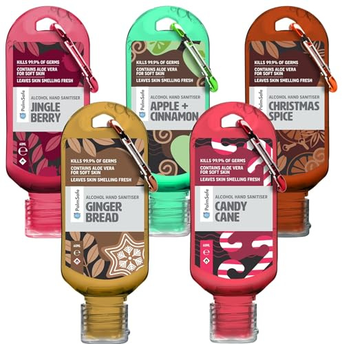 Palm Safe 5 Christmas Pack 60ml Anti Bacterial Premium Hand Sanitiser Travel Size Refillable Clip Bottle Non Sticky Extra Moisturising Kills 99.9% of Bacteria Stocking Filler Scents May Vary