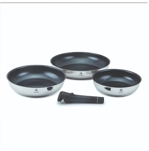 LAGUIOLE, Set 3 padelle estraibili in acciaio inox, compatibili con tutte le fonti di calore, induzione, 100% ghisa, 20/24/28 cm, capacità 1,25/1,80/2,50 L, design impilabile, Argento