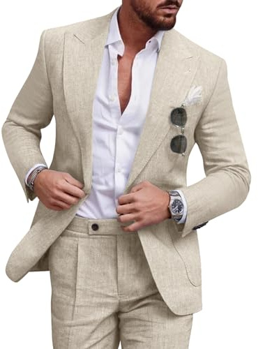 Diaryan Linen Men Suit Set Casual Tuxedo 2 Piece Regular Fit Blazer One Button Solid Jacket and Pants for Prom Wedding Party