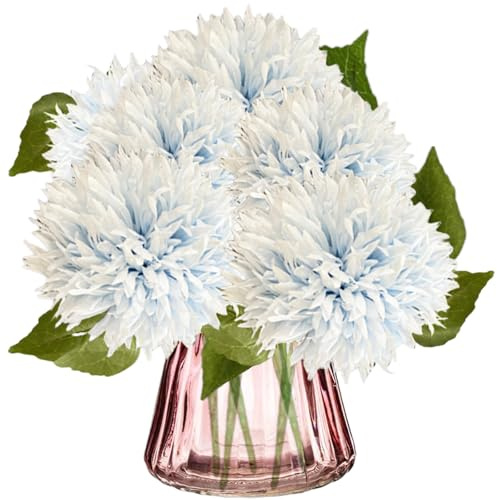 astylishome Künstliche Blumen für Gräber, blau, realistisch, 5 Stück, künstliche Chrysanthemen-Seide, Strauß mit einem Stiel, 5511