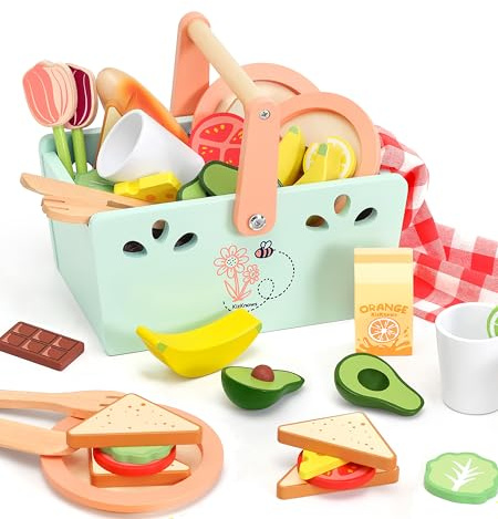 KizKnows Picknickkorb-Set aus Holz für Kinder Rollenspiele Holz Picknick-Set mit Kinderküche Zubehör Spielen Lebensmittel Set Geschenk für Mädchen Jungen ab 3 Jahren