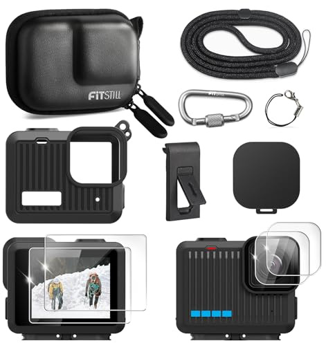 FiTSTILL Custodia in poliuretano con custodia in silicone con protezione in gomma per GoPro Hero 4K, sostituisce la copertura laterale della batteria, copriobiettivo, cordino e pellicole protettive