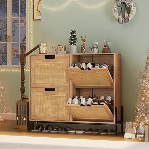 Salutmeuble Rattan Schuhschrank,Schuhschrank Schmal,Schuhkipper mit 4 Klappen,Versteckte, Verstellbare Einlegeböden,für Eingangsbereich, Flur 100x24x88cm, Holzfarbe