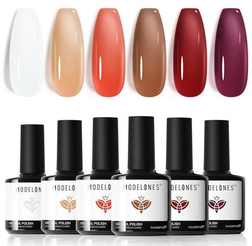 Modelones Vernis à Ongles Gel UV 6 Couleurs Rouge, Marron, Nude, Blanc Laiteux pour Gel Ongle Manucure Nail Art