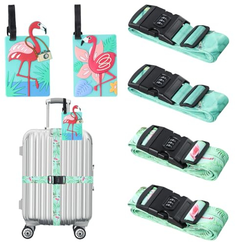4 Stück Koffergurt mit Zahlenschloss, Verstellbare Kofferbänder 180CM, Auffällige Gepäckgurte zur schnellen Identifizierung, Koffergurte Kreuzgurt + 2 Flamingo Gepäckanhänger für 16-26 Zoll Koffer