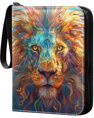 Classeur de cartes avec 4 poches, motif lion coloré avec yeux colorés, classeur de collection de cartes à collectionner pour albums de cartes à collectionner, 50 pages, 400 poches, dossier de cartes
