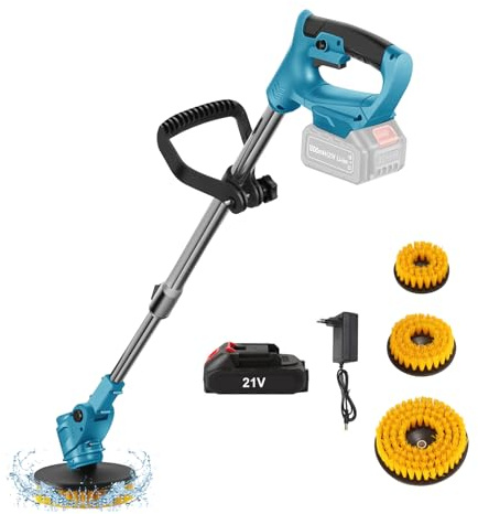 Motorisierte Teleskopbürste, 800 W, Durchmesser 125 mm, Nylonbürste mit 5000 U/min, Stange 90 cm bis 125 cm, Lieferung mit 3 Bürsten, kompatibel mit 21 V, für Boden, Auto, Fenster, Küche (1 Akku)