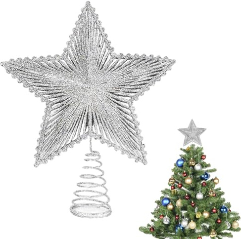 Pointe de Sapin de Noël, Topper d'arbre de Noël, Étoile Sapin de Noel, Topper Sapin de Noel, pour Décoration Intérieure et Extérieure, 23 x 20cm, Argent