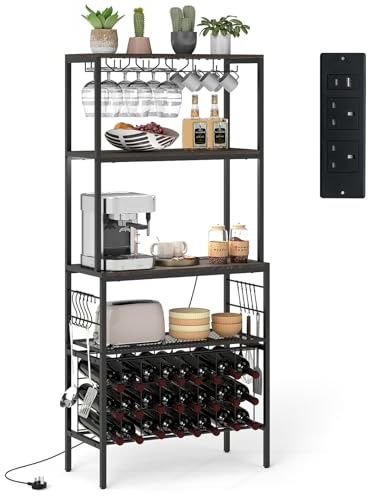 COSTWAY Wine Rack Freestanding, 4 Tier Wood Bar Cabinet with Power Outlets, Glass & Mug Holders, 24 Bottle Holders and 10 Hooks, Industrial Microwave Stand Utility Storage Shelf (Black + Grey)