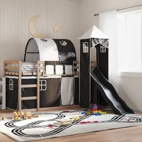 Gecheer Pine Wood Bunk Bed with Slide, Guardrails, Ladder & Curtain Set - Suitable for Children 6+ - 90x200 cm Mattress bed Model3284161