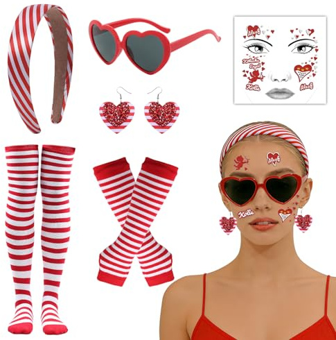 IWTBNOA Karneval Kostüm Köln, Karneval Haarreif Rot Weiss Damen, Herz Brille, Gesichtstattoos, Ohrringe, Handschuhsocken, Kniestrümpfe, Karnevalskostüm Damen, Kölle Faschingskostüme Zubehör