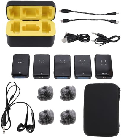 Jenngaoo Microfono Lavalier Wireless con Riduzione del Rumore, Monitoraggio in Tempo Reale, Batteria di Lunga Durata 8-10 Ore, Trasmissione Senza Fili 2.4GHz Fino a 80m, Bluetooth