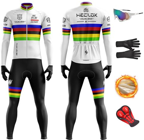 HECLOK Completo Ciclismo Invernale Uomo Manica Lunga – 9D Gel, Antivento | 9D Gel, maglia termica in pile, salopette inclusa, 3 tasche posteriori, antivento, per bici da corsa e MTB