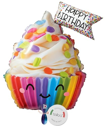 balloa Folienballon Cupcake mit Gesicht Happy Birthday, XXL Deko, 71 cm | Buntes Cupcake-Design mit lächelndem Gesicht, XXL, heliumgeeignet, ungefüllt, fröhliche Deko für Geburtstagsfeiern