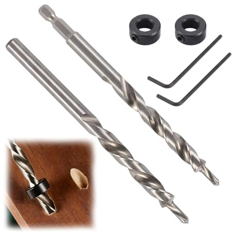 2 Pcs 9.5mm Pocket Hole Drill Bit Set, High Speed Steel Twist Drill Bit with Round & Hex Shank, Depth Stop Collar Quick Release Drill Guide Tools for DIY Woodworking, Metalworking and Plastic Cutting