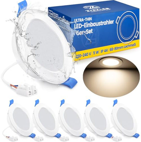 LED Einbaustrahler Spots 230V Flach für Bad, 68-80mm Lochmaß Deckenspots, 5W Neutralweiß 4000K Einbauleuchten, IP44 Einbauspots für Badezimmer Feuchtraum Küche Schlafzimmer Wohnzimmer, 6er Set