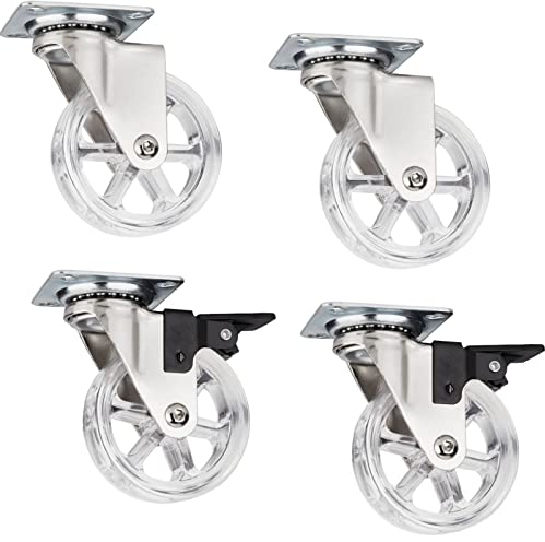 4er Set dekorative Design Möbelrollen RAPID Rollen-Ø 75 mm transparent (2 x mit Bremse + 2 ohne Bremse), Tragkraft 35 Kg, Höhe 97 mm, Möbellenkrollen von SOTECH