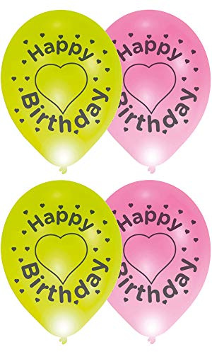 Amscan 9901842 - Latexballons LED Happy Birthday, 4 Stück, circa 28 cm, Grün, Pink, Heliumballon, Geburtstag