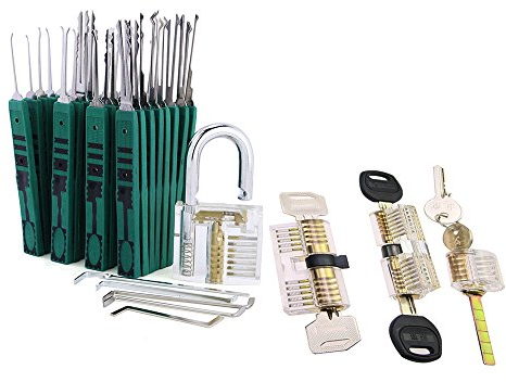 TPM Go Lot de 4 verrous transparents avec 32 outils de crochetage de serrure, kit d'entraînement professionnel pour débutant