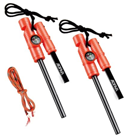 AOFAR Fire Starter AF-381 Fire Steel 5-in-1 for Camping, Hiking, Hunting, Backpacking, Boating, Outdoor Magnesium Survival Rod with Fire Paracord, Compass and Whistle, Waterproof (2-Pack)…