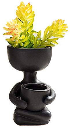 DIYOMR Pot de fleurs humanoïde en céramique pour plantes grasses, cactus, bonsaï, vase artisanal en céramique, décoration de maison, bureau, rebord de fenêtre, plantes non incluses (noir A)
