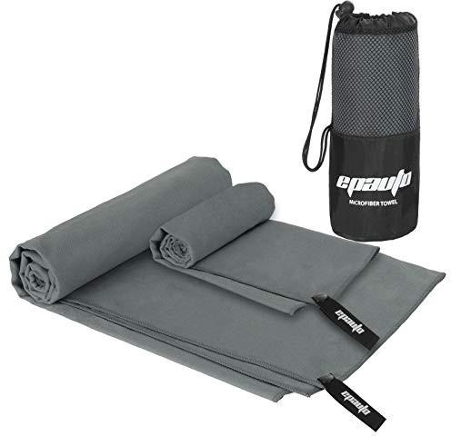 EPAuto 2-Pack Microfiber Quick Dry Towel Set - Lightweight, Super Absorbent & Compact Travel Towels (60x30 & 24x15) for Gym, Camping, Beach, Yoga & Backpacking, Gray