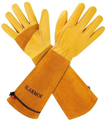 SLARMOR Guantes de Jardinería de Cuero para Mujeres/Hombres Resistentes a Puñaladas y a Los Cortes, para Poda de Rosales, Protege Contra Espinas, con Protección de Antebrazo, Amarillo XS
