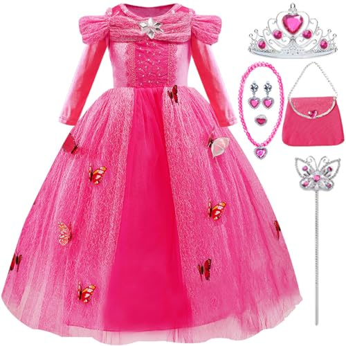 LiUiMiY Robe Princesse Fille Manches Longues Costume Déguisement Carnaval Halloween Fêtes Noël Anniversaire avec Accessoires, Rose, 128-134 (Étiqueter 130)