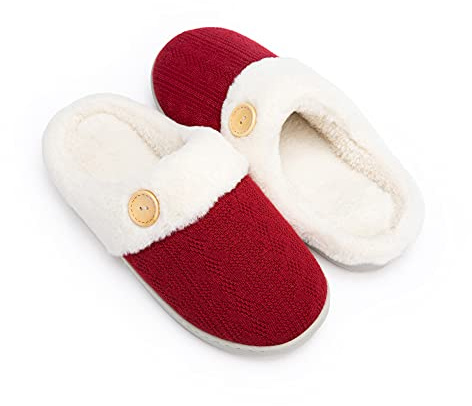 Chantomoo Kvinnor hus tofflor bekväma minnesskum plysch sovrum fuskpäls fodrade stickade varma tofflor slip-on lätta skor, inomhus utomhus halkfri gummisula mysig, röd, 42/43 EU