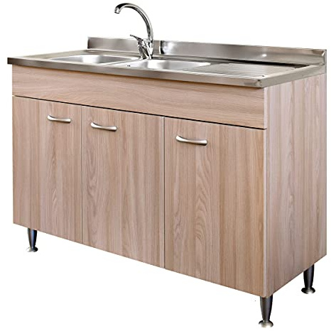 Yellowshop | Mobile cucina sottolavello a 3 ante cm 120x50 colore Olmo completo di lavello inox serie Basic (Versione Dx)