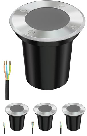 ledscom.de 4x Bodeneinbauleuchte BOLI für außen, IP67, edelstahl, rund, 108mm Ø, 1x GU10 max. 15W, gefrostet