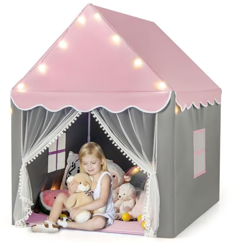 Kids Play Tent, Princess Castle Teepee with Washable Mat, Lights and Windows, Indoor Outdoor Children Playhouse (Pink with Yellow Lights)