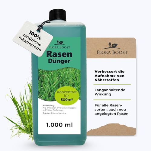 Flora Boost Rasendünger Flora Boost 1000ml I Für 500m² Rasenfläche I Starterdünger für alle Rasen Sorten geeignet I Flüssigdünger für grünen Rasen I 100% natürlicher Pflanzendünger