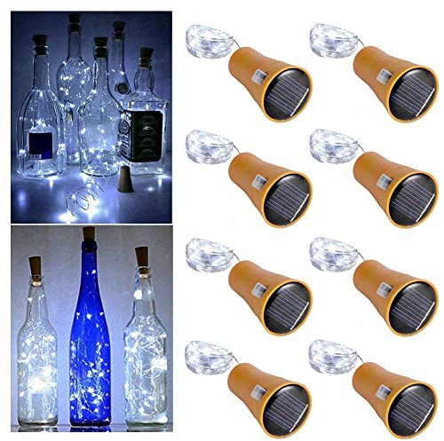 Heuluced Solar Wine Bottle Lights, 8 Pack 20 LED Waterproof Copper Cork Shaped Lights DIY Firefly String Lights for Wedding Party Outdoor, Holiday, Garden, Patio Pathway Decor (White)