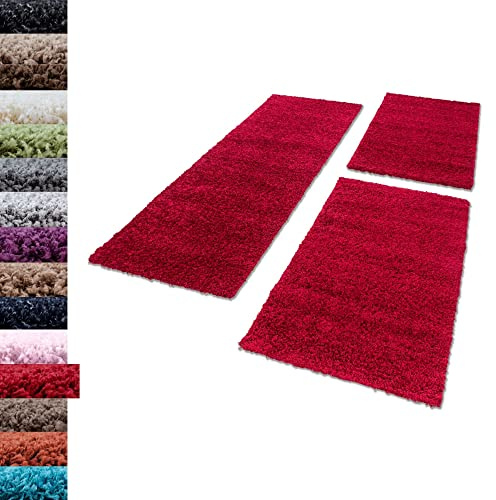 Carpettex Bettumrandung Schlafzimmer 3teilig Shaggy Teppich Hochflor Einfarbig Rot Bettset:2 mal 80x250 + 1 mal 100x200 - Bettvorleger Schlafzimmer Läuferset Weicher Flauschig Bettumrandung Teppich