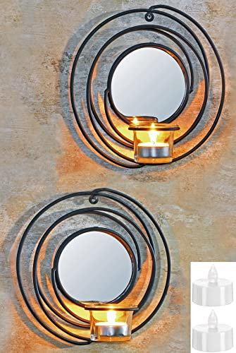 Novaliv 2X Wandkerzenhalter + 2X LED Teelichter 20,2 x 8,3 x 21,5 cm Schwarz LED Kerze Teelichterhalter aus Metall mit Glas Kerzenhalter Dekoration Wanddeko Vintage Deko Teelicht LED Licht Wandhalter