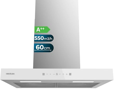 Cecotec Hotte Aspirante Flux TT 605500 Glass White A++. 60 cm, 70W, Faible Consommation d'Énergie, Aspiration 550m3/h, Commande Tactile, 3 Niveaux, Éclairage LED, Filtre à Charbon