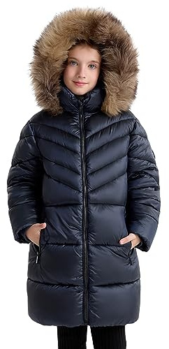 SOLOCOTE Abrigo de invierno acolchado para niñas con capucha de piel sintética, forrado de sherpa, parka resistente al agua y de gran peso marina 8 años