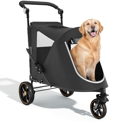 Magshion Pet Stroller for Medium Dogs w/Adjustable Handle, 3-Wheel Dog Cat Wagon w/Dual Entry, Rear Storage, Breathable Mesh, One-Foot Brake, Ideal for Large Pets up to 55 lbs, Black