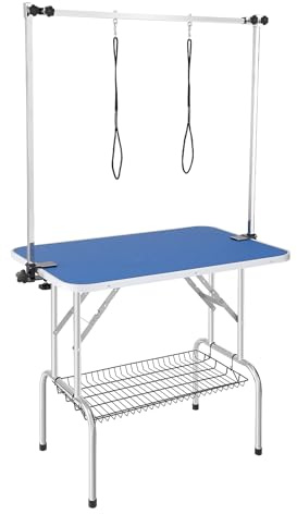 VEVOR Mesa Plegable de Aseo para Mascotas 914,4x609,6 mm Mesa de Aseo para Perros Carga de 149,7 kg Mesa de Peluquería para Perros de Acero inoxidable con 2 Pinzas 2 Cuerdas Cesta de Almacenamiento