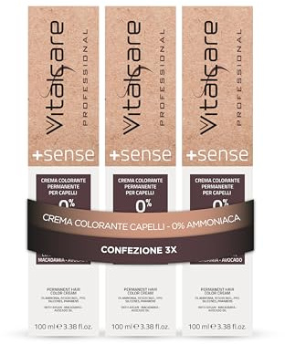 Vitalcare | +Sense - Colorazione Permanente Professionale, Crema Colorante Capelli Senza Ammoniaca, Resorcina, PPD, Siliconi - Con Olio Di Argan, Macadamia e Avocado, 3/00 Castano Scuro, 3 x 100ml